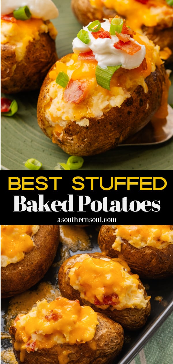 Stuffed baked potatoes with bacon, and cheese then topped with more bacon bits, and green onion slices on a green plate.
