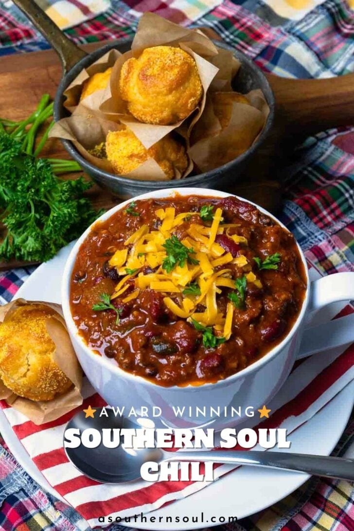 Pinterest pin image for Award-Winning Southern Soul Chili Recipe