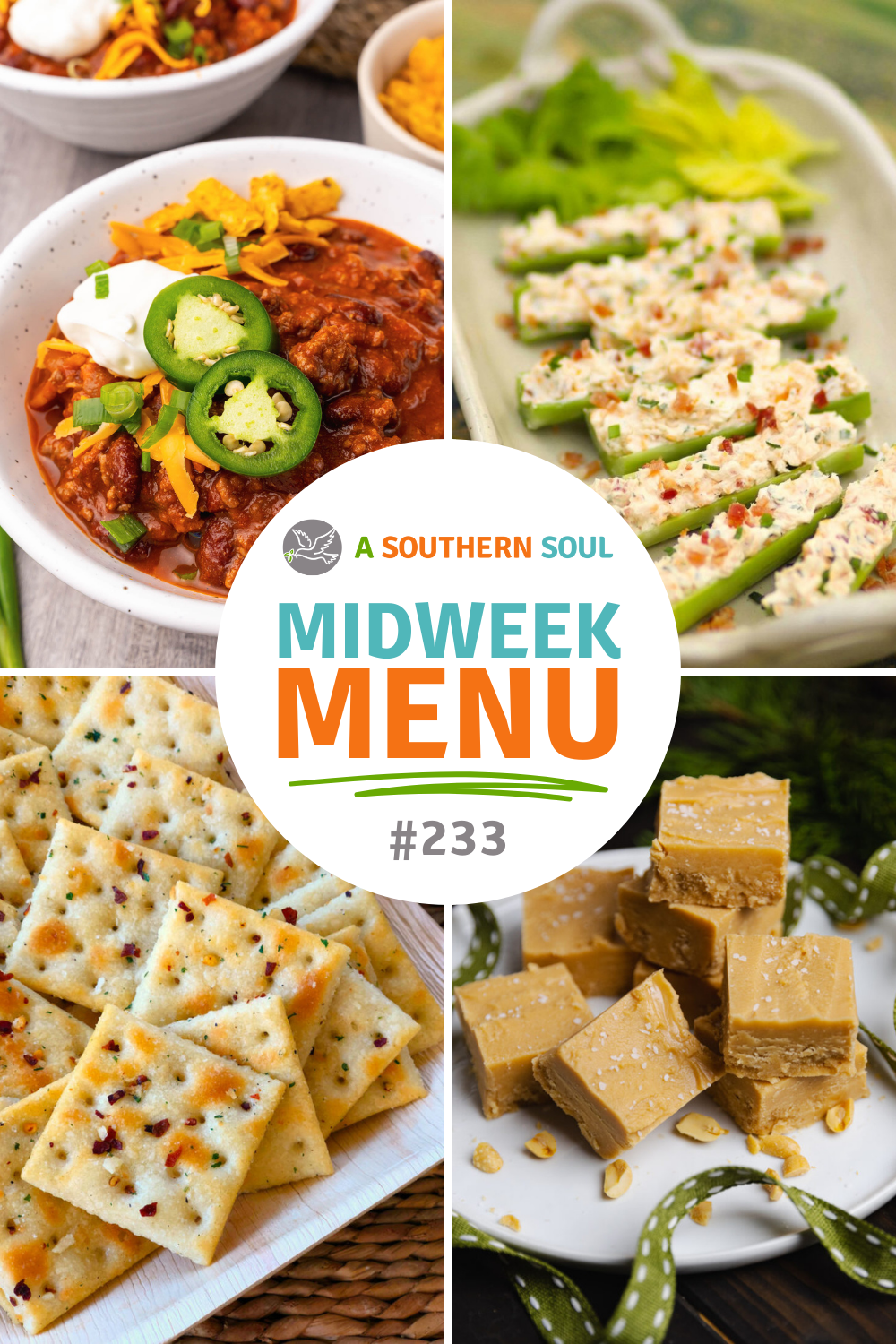 Step-by-step photos for Midweek Menu 233 featuring chili, jalapeño poppers, crackers, and peanut butter fudge