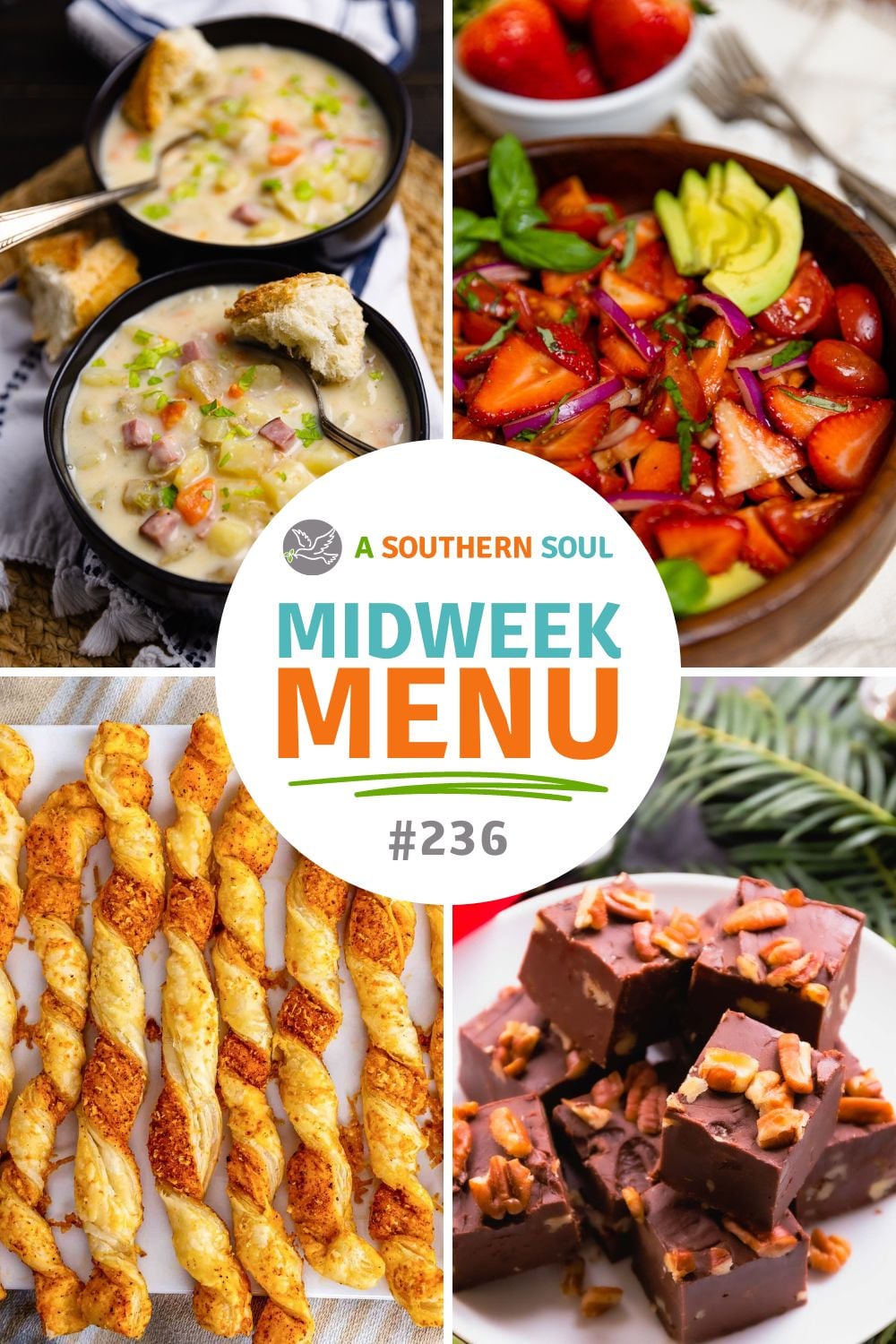 Step-by-step photos for Midweek Menu 236 Crock Pot Ham and Potato Soup, plus salad, breadsticks, and chocolate fudge Pinterest pin