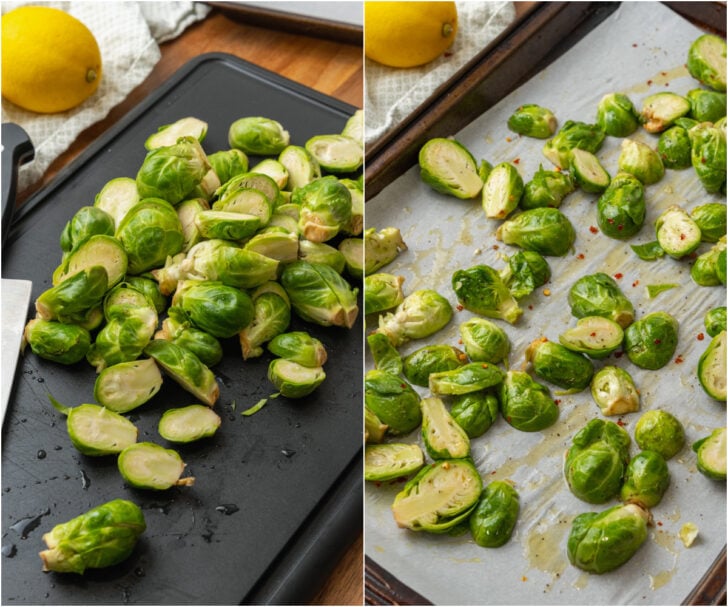 Raw fresh brussels sprouts cut in half on a black cutting board. Fresh brussels sprouts on a parchement lined baking sheet drizzled with olive oil and red pepper flakes.