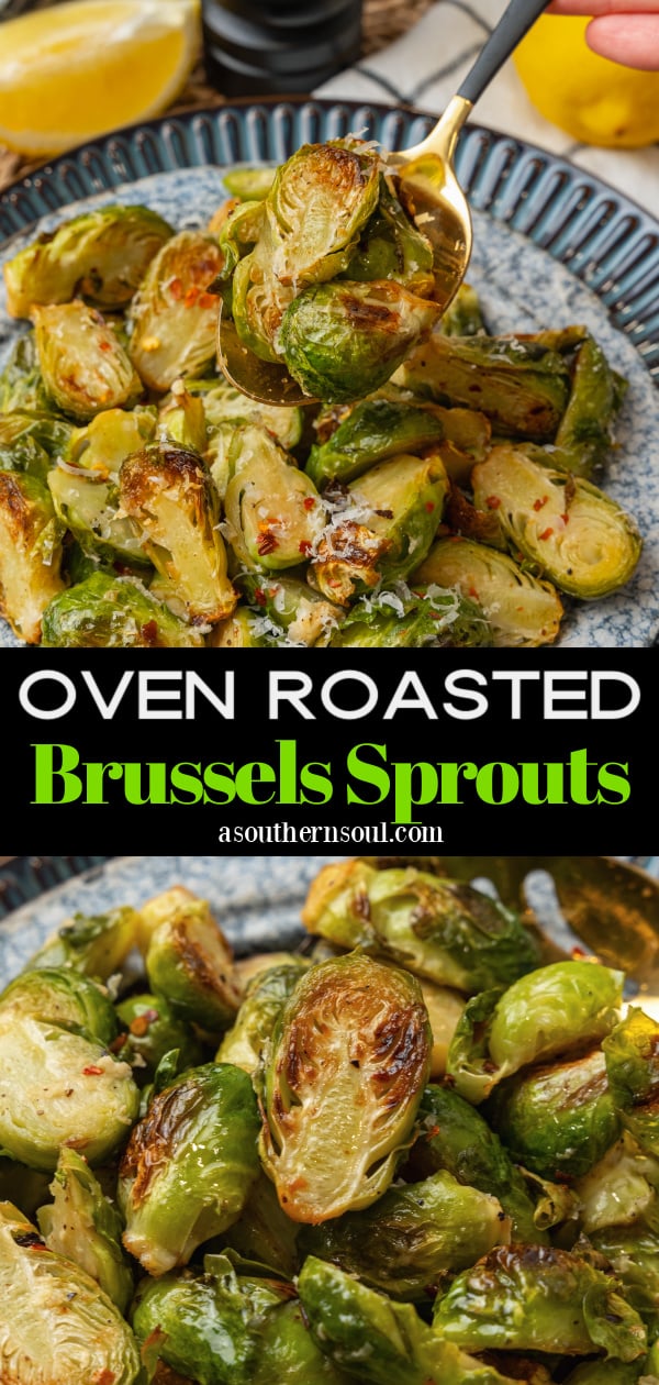 Roasted brussels sprouts on a blue plate with a gold metal spoon.