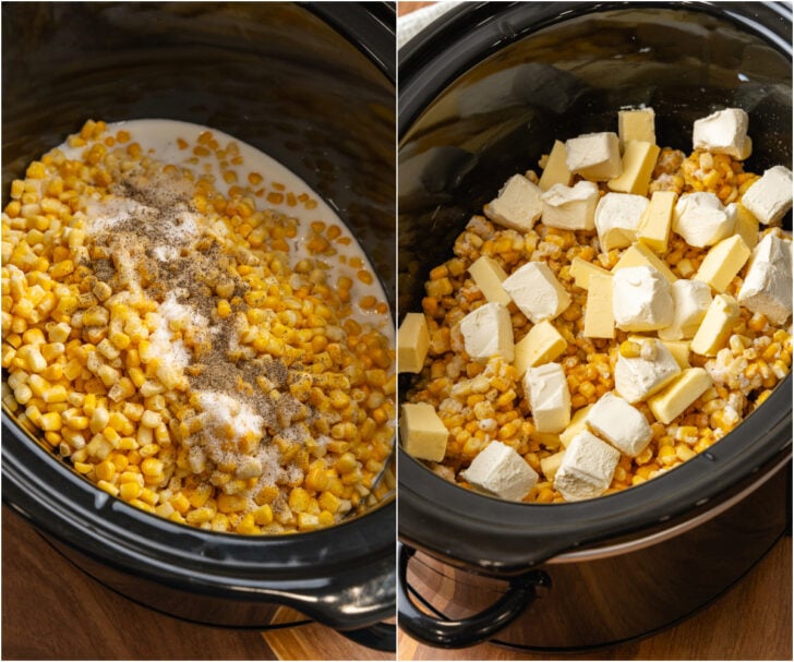 Once black crock pot with corn, sugar, salt and pepper and a second black crock pot with corn, butter and cream cheese.