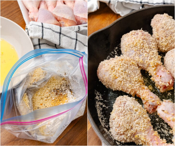 Plastic bag with breadcrumbs, and seasoning along with a bowl of egg and water and chicken legs coated with breading in a black cast iron skileet.