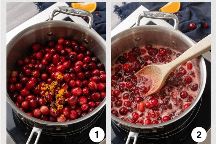 Photo one is a silver metal pot with fresh cranberries and orange zest and photo two is a silver metal pot with cooked cranberries stirred with a wooden spoon.