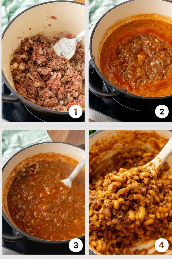 Ground beef and onions in pot for photo 1, stock and tomatoes with beef for photo 2, beans, macaroni added to pot and stirred with a white spoon for photo 3, cooked chili mac served on a spoon for photo 4.