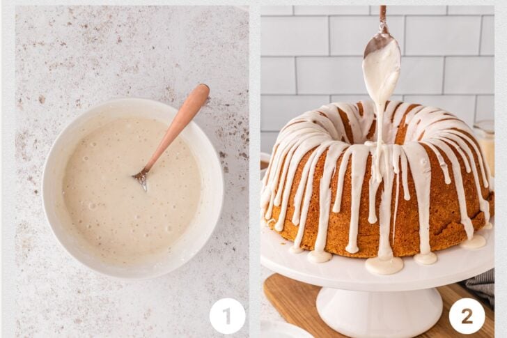 Photo 1 is a white bowl with eggnog icing and copper spoon for serving, Photo 2 ia a baked eggnog pound cake being drizzled with icing from a spoon.