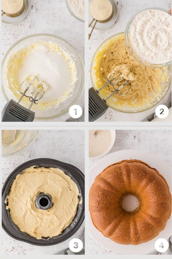 Photo 1-butter creamed with a hand mixer, photo and white sugar added to butter mixture mixed with hand mixer, photo 2-batter and flour in clear glass bowl with hand mixer, photo 3-batter poured into a dark metal bundt pan, photo 4-baked cake resting on a white cake stand.