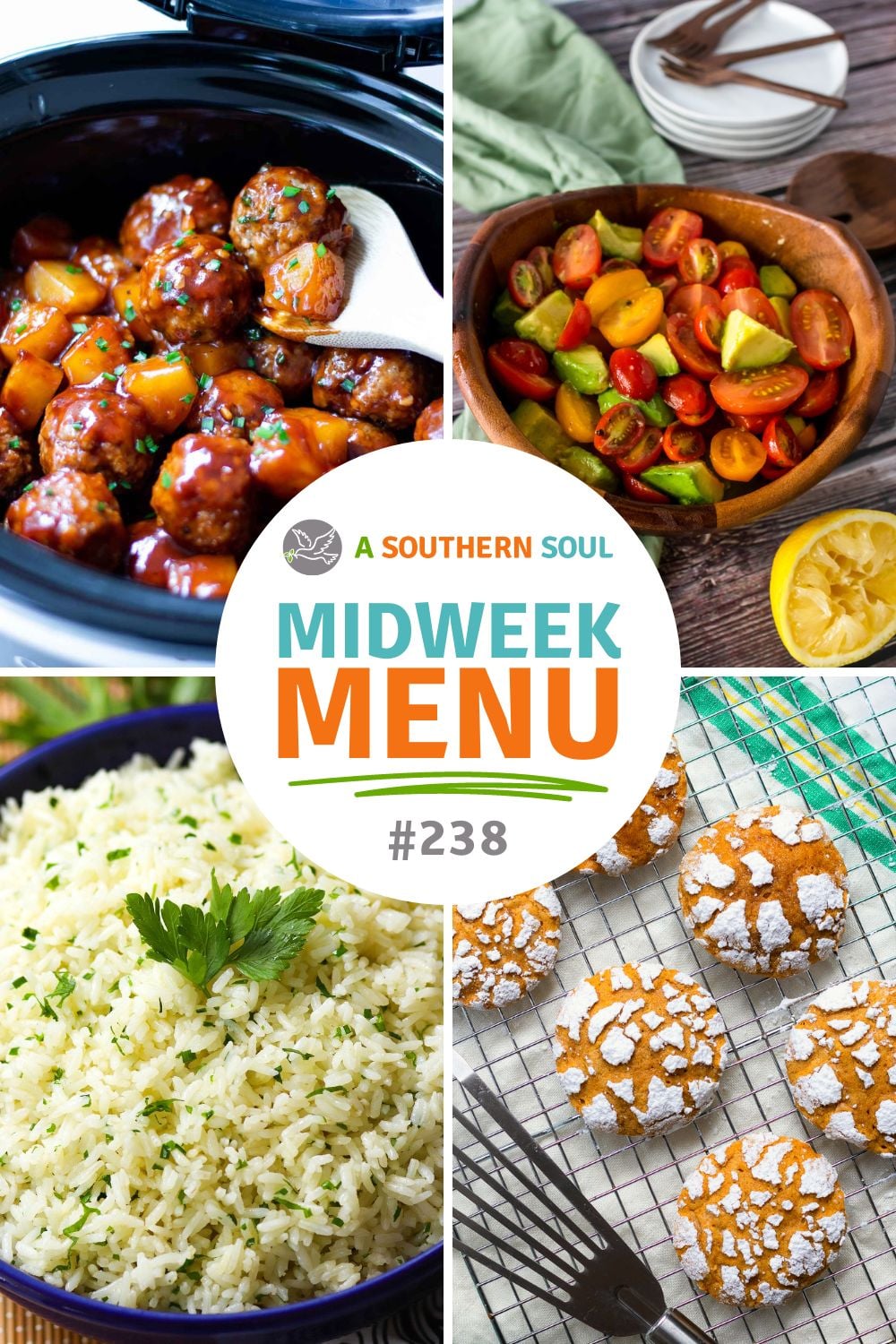 Step-by-step photos for Midweek Menu 238 Crock Pot Hawaiian Meatballs with glazed meatballs, tropical vegetables, rice, and desserts