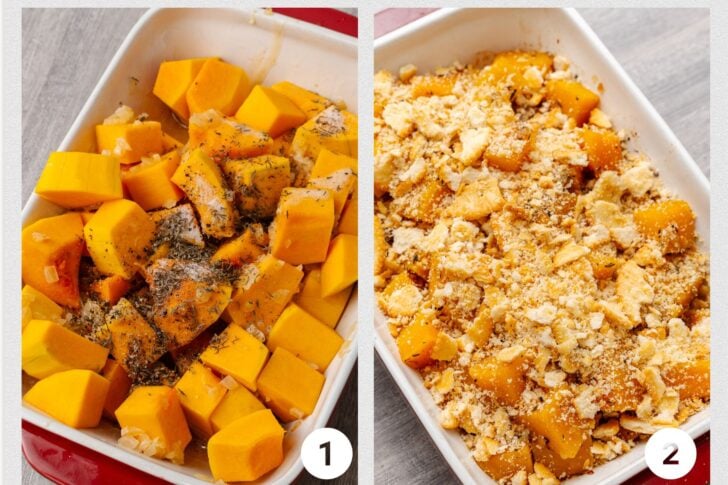 Photo 1 with chunks of butternut squash topped with salt, pepper, dried thyme and onion in a white baing dish and photo 2 butternut squash topped with crushed crackers in a white baking dish.