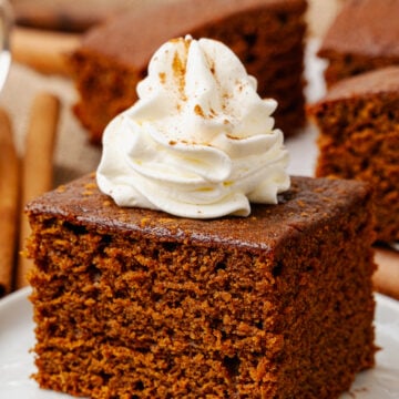 Gingerbread cake cut into a square topped with fresh whipped cream and sprinkled with cinnamon on a white plate.