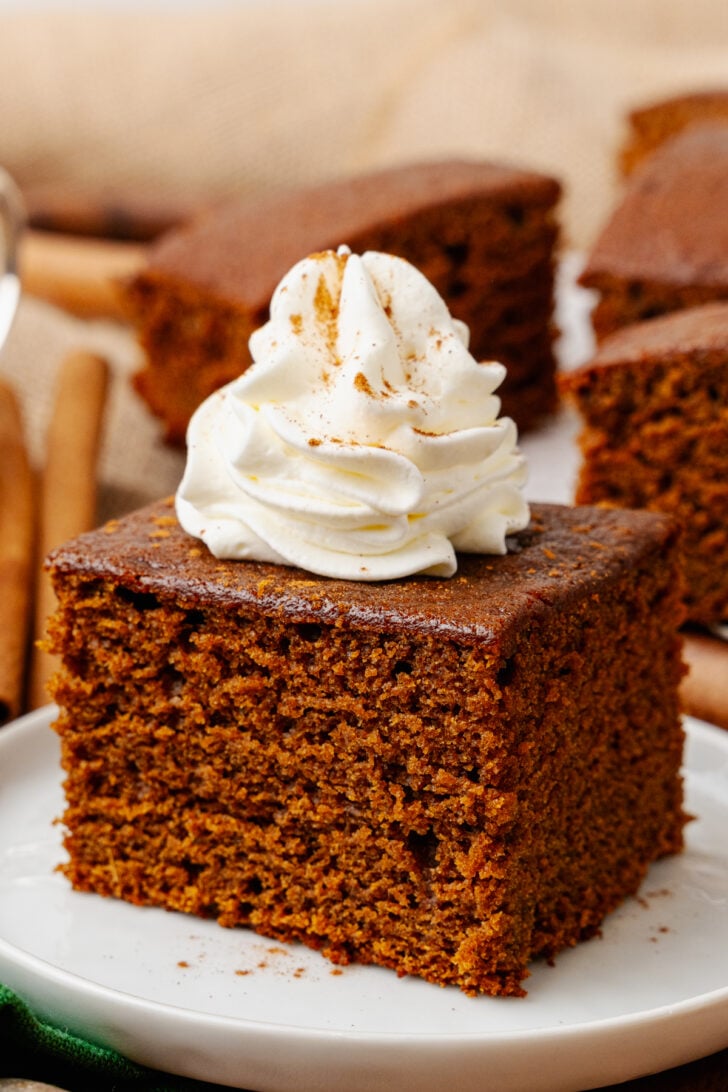 Gingerbread cake cut into a square topped with fresh whipped cream and sprinkled with cinnamon on a white plate.