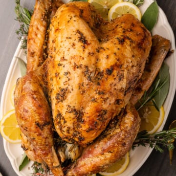 Whole roasted turkey on a white platter with fresh sage, thyme, and rosemary sprigs and lemon slices.