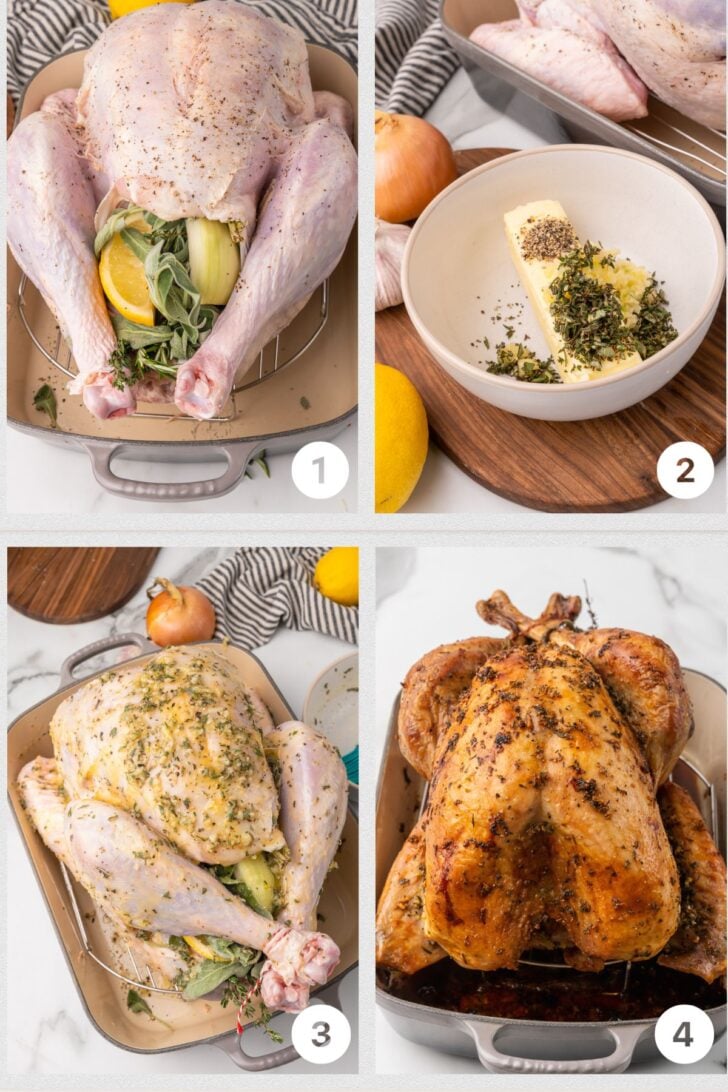Photo collage with photo 1 of whole uncooked turkey in baking pan, photo 2 of butter with salt, pepper and fresh herbs in a white bowl, photo 3 of herb butter rubbed over uncooked turkey in roasting pan, photo 4 roasted turkey in a pan.