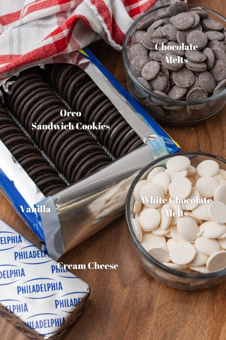 the ingredient list of Oreo truffles being white chocolate, cream cheese, chocolate melts, and Oreo cookies.