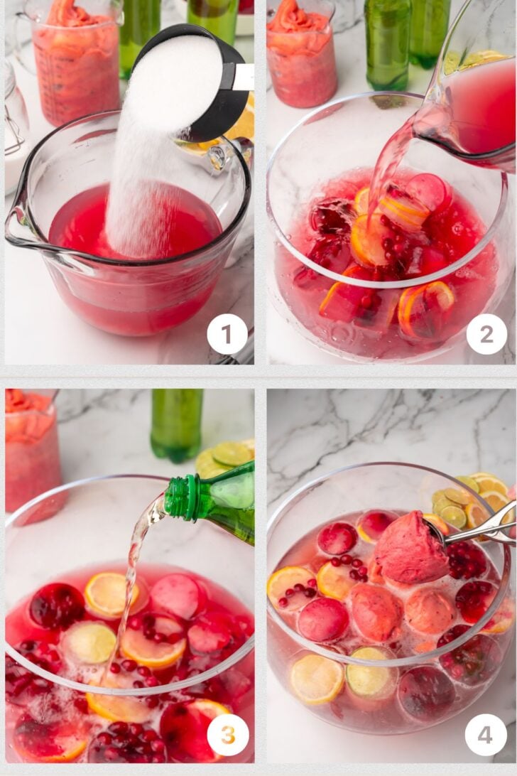Ingredient shots of berry punch with sugar poured into cranberry juice, fruit with juice, ginger ale and scoops of rasperberry sherbert in a large punch bowl.