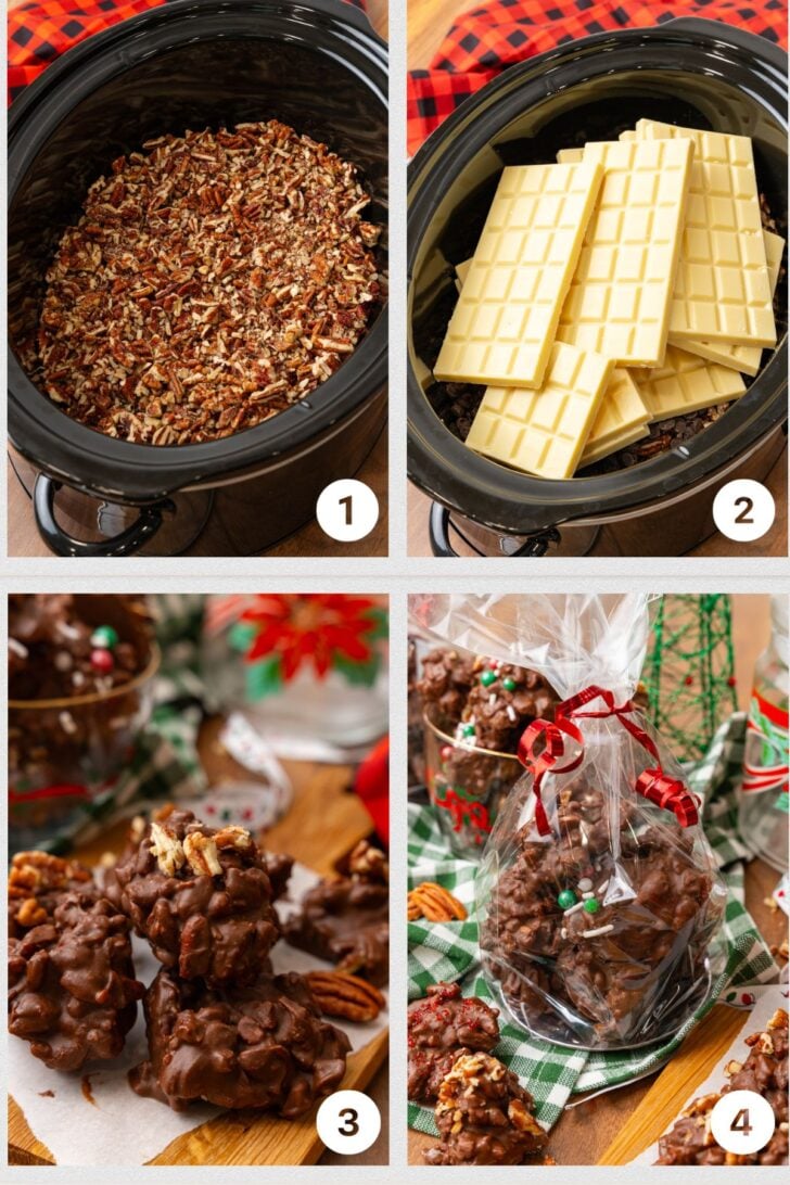 Photo 1 of black crock pot with chopped pecans, photo 2 of crock pot with chocolate chips and white chocolate bars, photo 3 of chocolate pecan clusters on parchment, photo 4 of chocolate pecan clusters in a clear gift bag tied with a red ribbon.