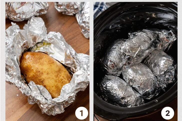 Baked potatoes wrapped in aluminum foil seasoned with salt and placed inside of a crock pot.
