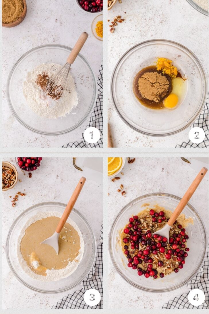 Photo 1-flour and spices in a glass bowl with whisk, photo 2 - brown sugar, egg, vegetable oil and orange zest in a glass bowl, photo 3 - flour mixture and wet sugar mixture, photo 4 - batter mixed with chopped pecans and whole fresh cranberries.