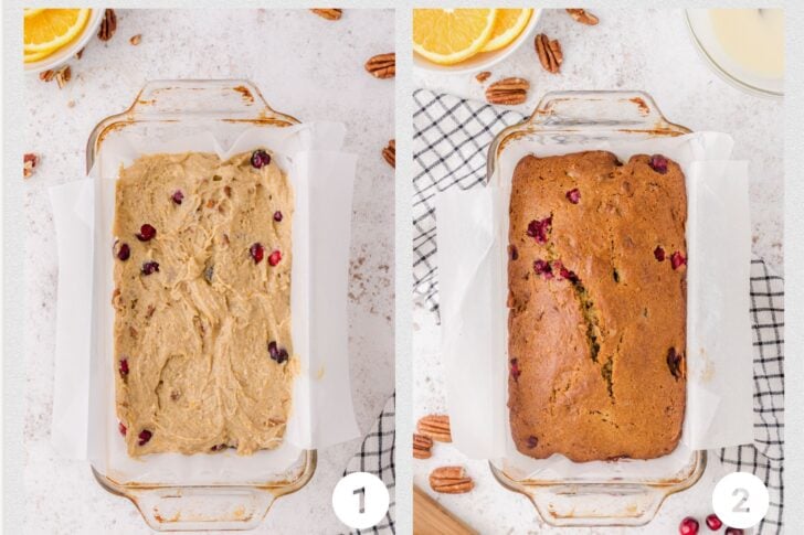 Photo 1, is cranberry orange quickbread unbaked in a glass loaf pan, and photo 2 is cranberry orange quickbread baked in a glass loaf pan lined with parchment.