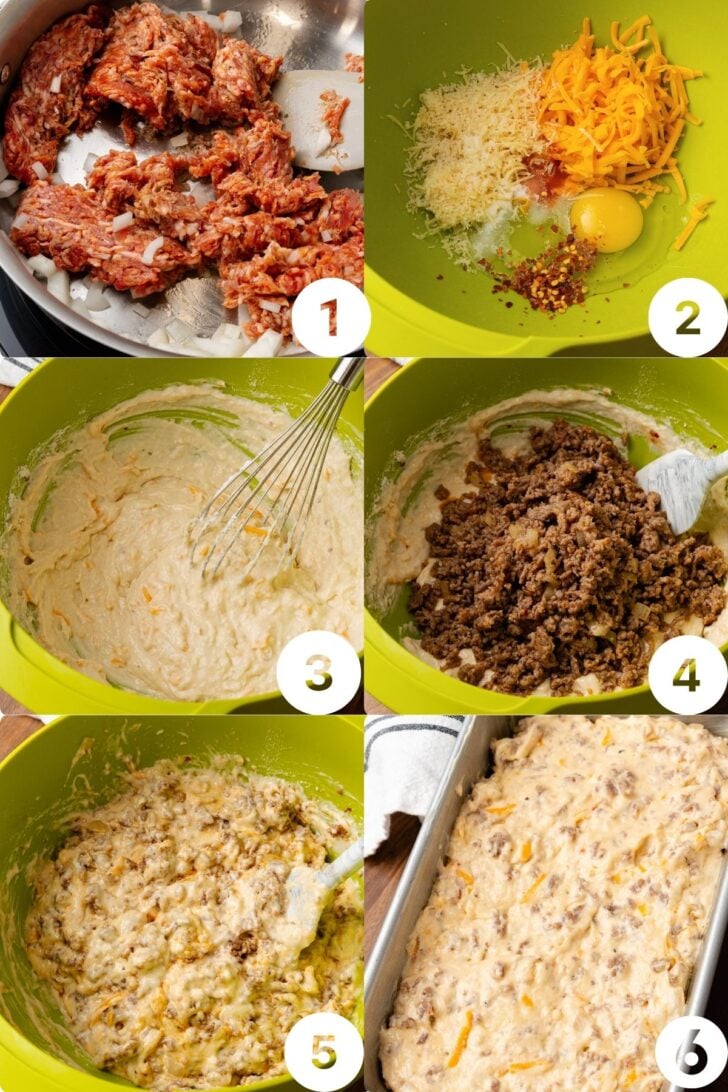 Ingredients for sausage cheese bread being mixed together.