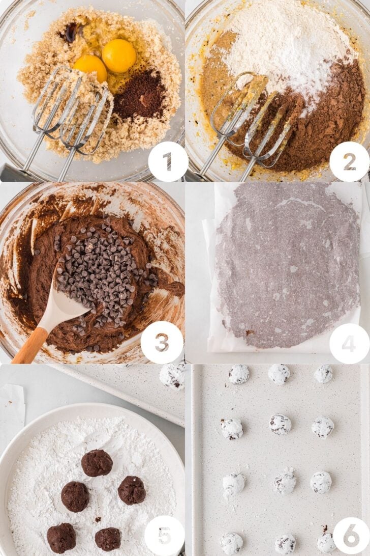 Mixing the crinkle cookie ingredients together using a blender in glass bowls.