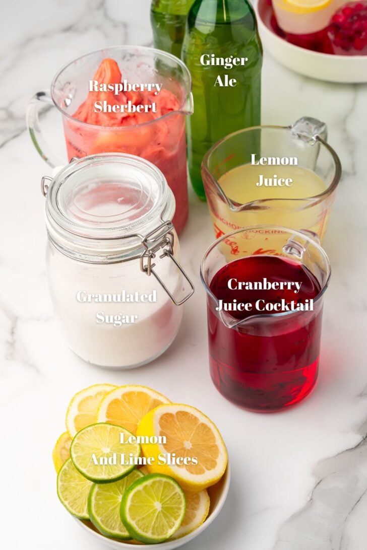 Glass containers with ginger ale, rasperberry sherbert, lemon juice, sugar, cranberry juice, and lemon, lime slices.