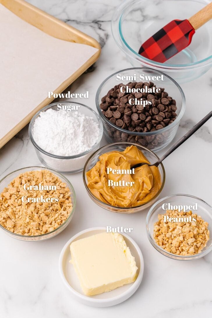 Powdered sugar, semi-sweet chocolate chips, peanut butter, graham crackers, chopped peanuts, and butter in glass containers on a white counter.