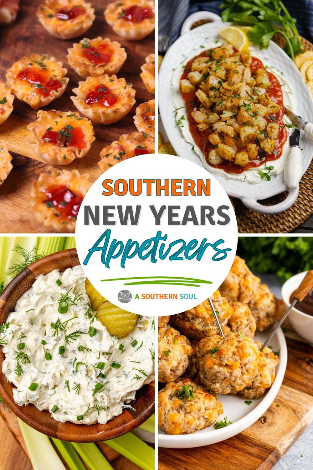 Four Best Southern New Year's Appetizers displayed: puff pastry bites with red pepper, creamed corn dip, cheese ball with dill, and meatball