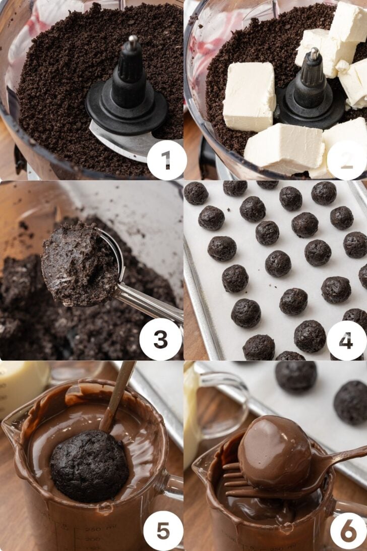 How to make collage for Oreo truffle balls, being blended with cream cheese Oreo dust and scooped out into balls onto a baking sheet before going into the oven.