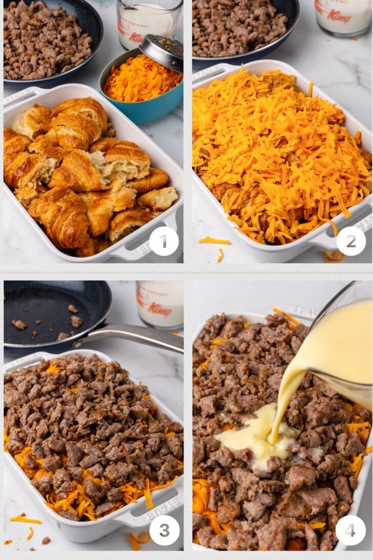 Photo 1 with torn croisssants in a white baking dish, photo 2 with grated cheese over croissants, photo 3 with cooked crumbled sausage over cheese and photo 4 whisked eggs poured over sausage, cheese and croissant in white baking dish.