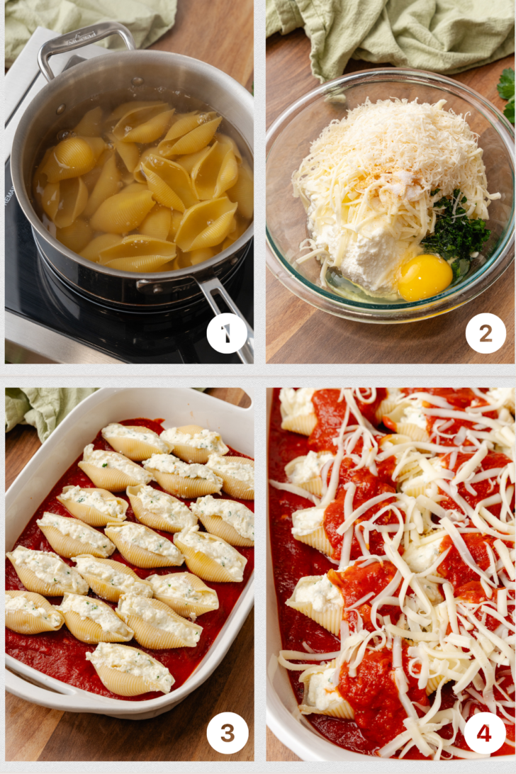 Ingredient collage of how to make stuffed shells going from cooking pasta to making the filling and putting them into the baking dish to be put in the oven.