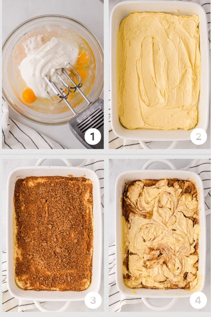Process of making honey bun cake. Mixing the batter together and putting it in a baking dish.