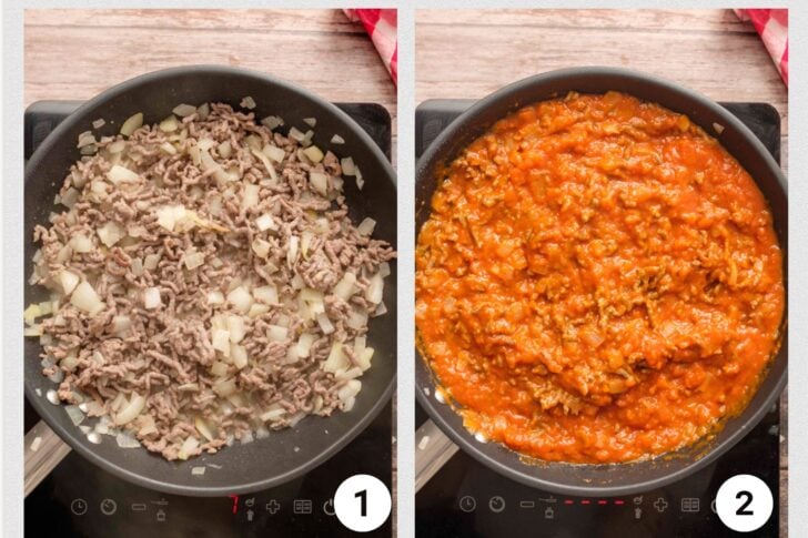 2 process shots of cooked ground beef and onions and marinara sauce in ground beef.