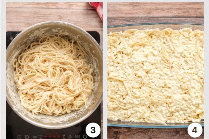 2 process shots with cooked pasta in pot with cream cheese and pasta topped with cottage cheese in casserole dish.