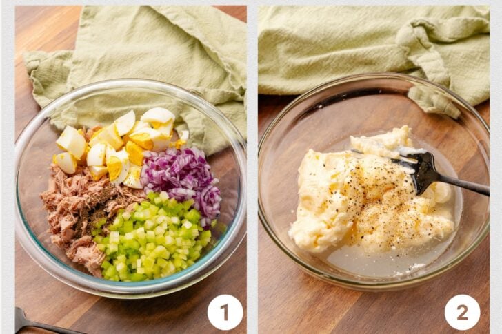 Ingredients for tuna salad on a cutting board. Tuna, salt, pepper. eggs, mayonnaise, red onion, celery, lemon juice and celery seed.