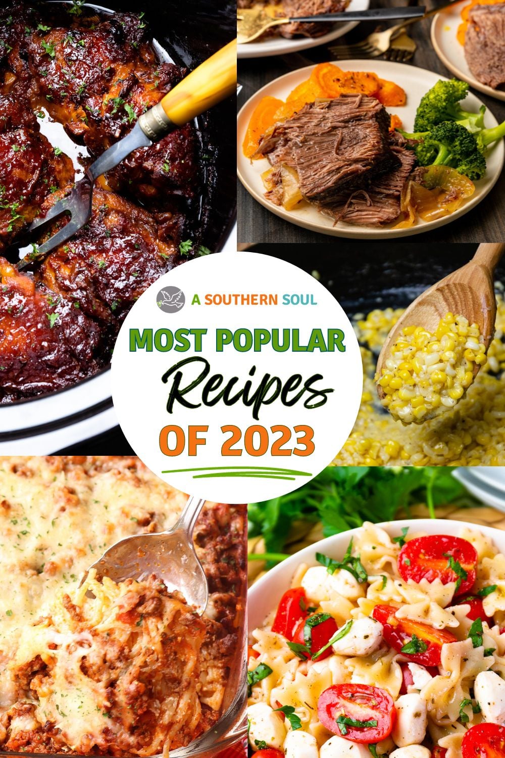 Step-by-step photos for Most Popular Recipes Of 2023 featuring pulled pork, corn, pasta salad, and casserole Pinterest pin