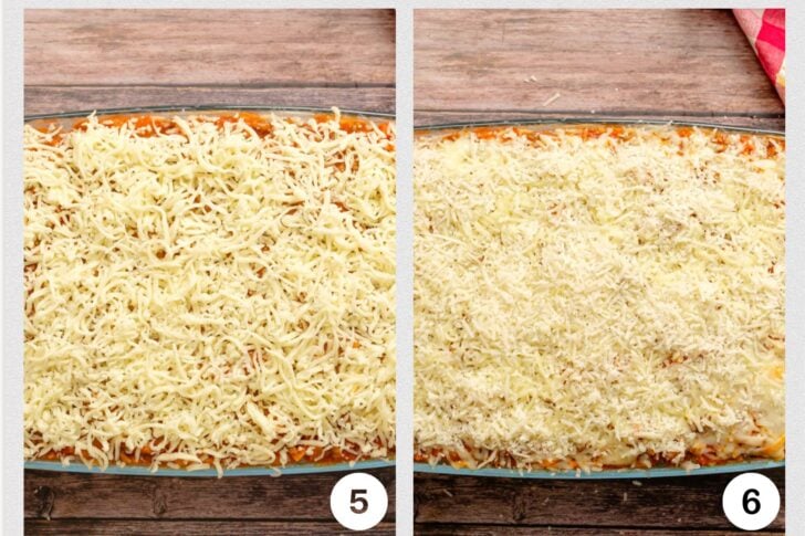 Glass casserole dish with baked spaghetti 2 process shots of mozzarella and parmesan chesse.
