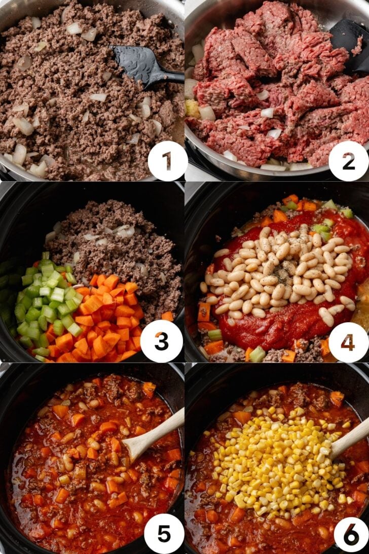 1 through 6 process shots for crock pot beef and bean soup on how to cook.