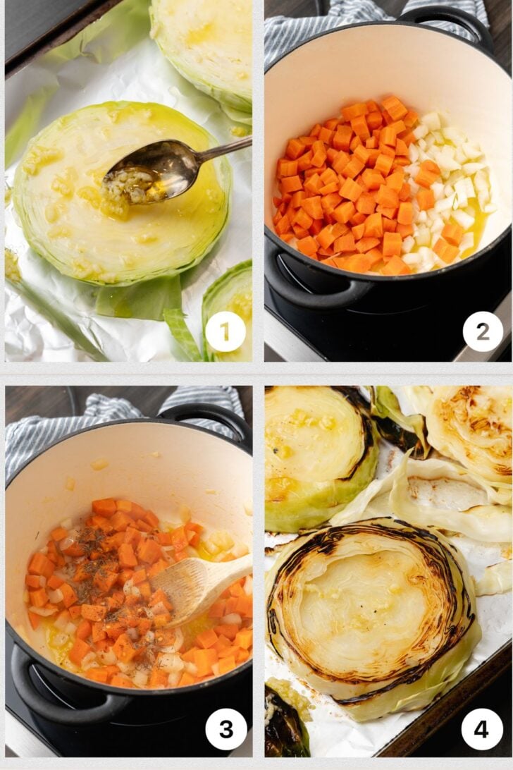The step in preparation for cabbage soup. layering the soup with olive oil then sautéing the veggies.