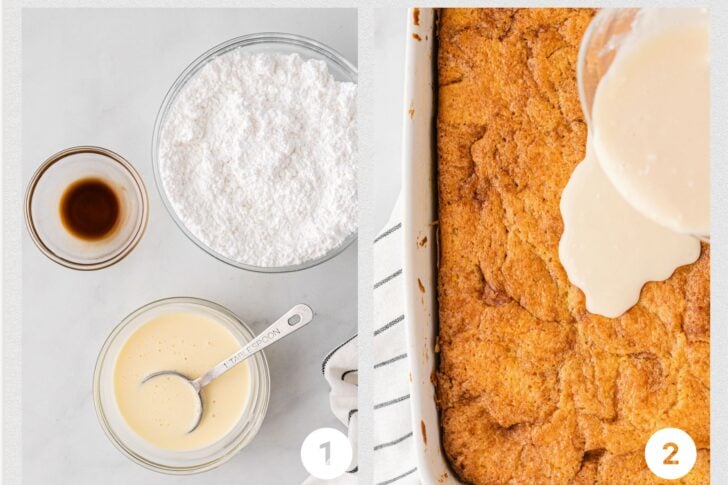 Half of a baked honey bun cake with the topping poured on it. And the ingredients for that topping right next to it.