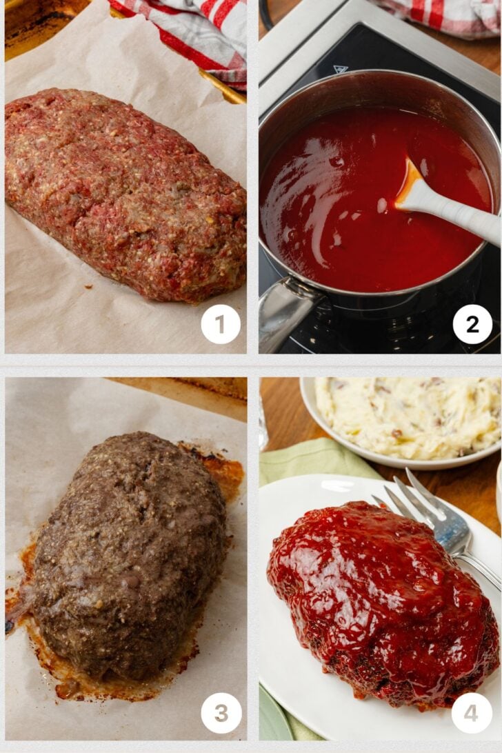Photo 1-uncooked meatloaf on parchment paper, photo 2-red pepper jelly ketchup sauce, photo 3-cooked meatloaf on parchment, photo 4-cooked meatloaf topped with homemade glaze served on a white plate.