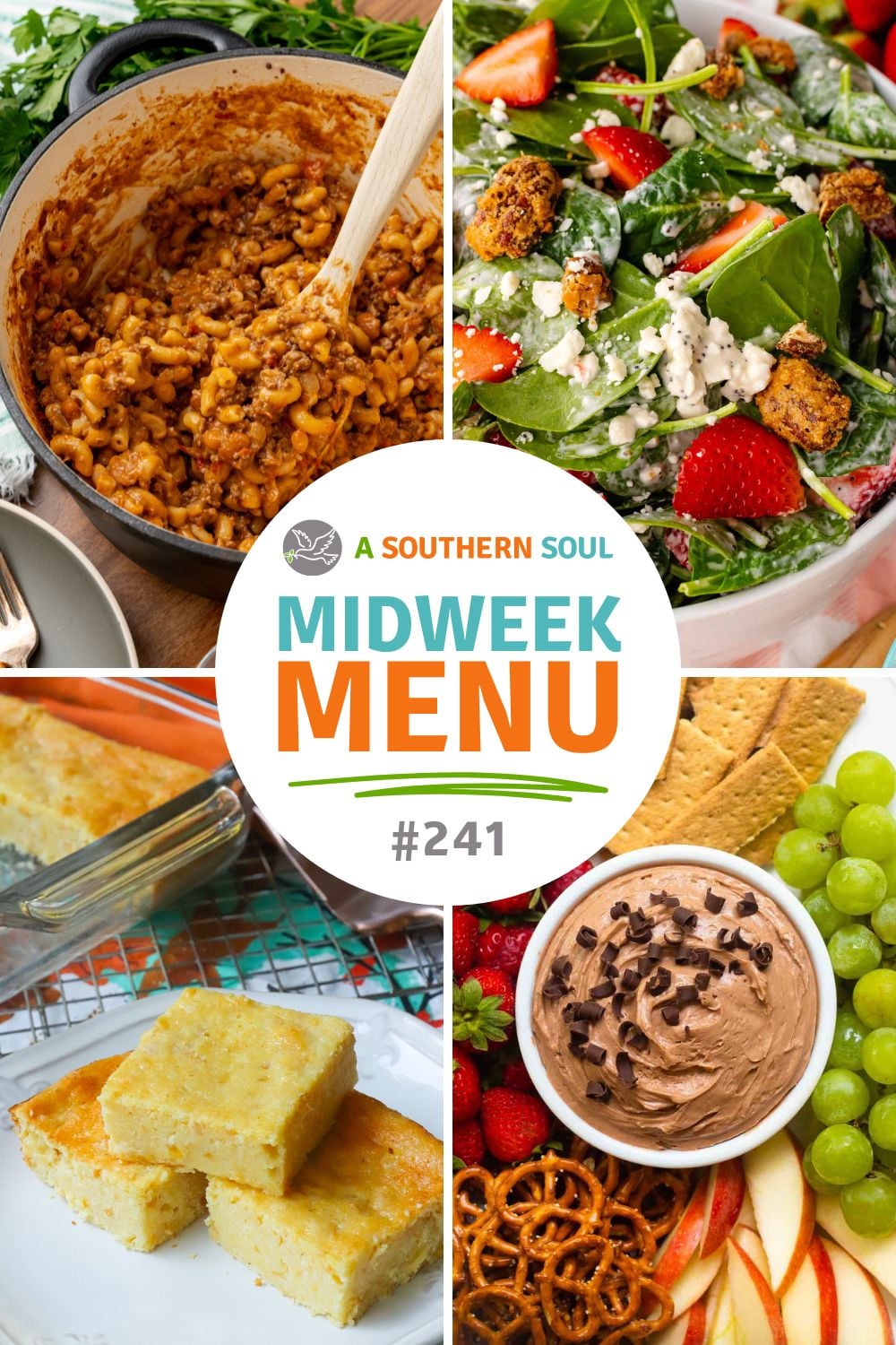 Step-by-step photos for Midweek Menu 241 Easy Chili Mac featuring a pot of chili mac, spinach salad with berries, cornbread squares, and cho