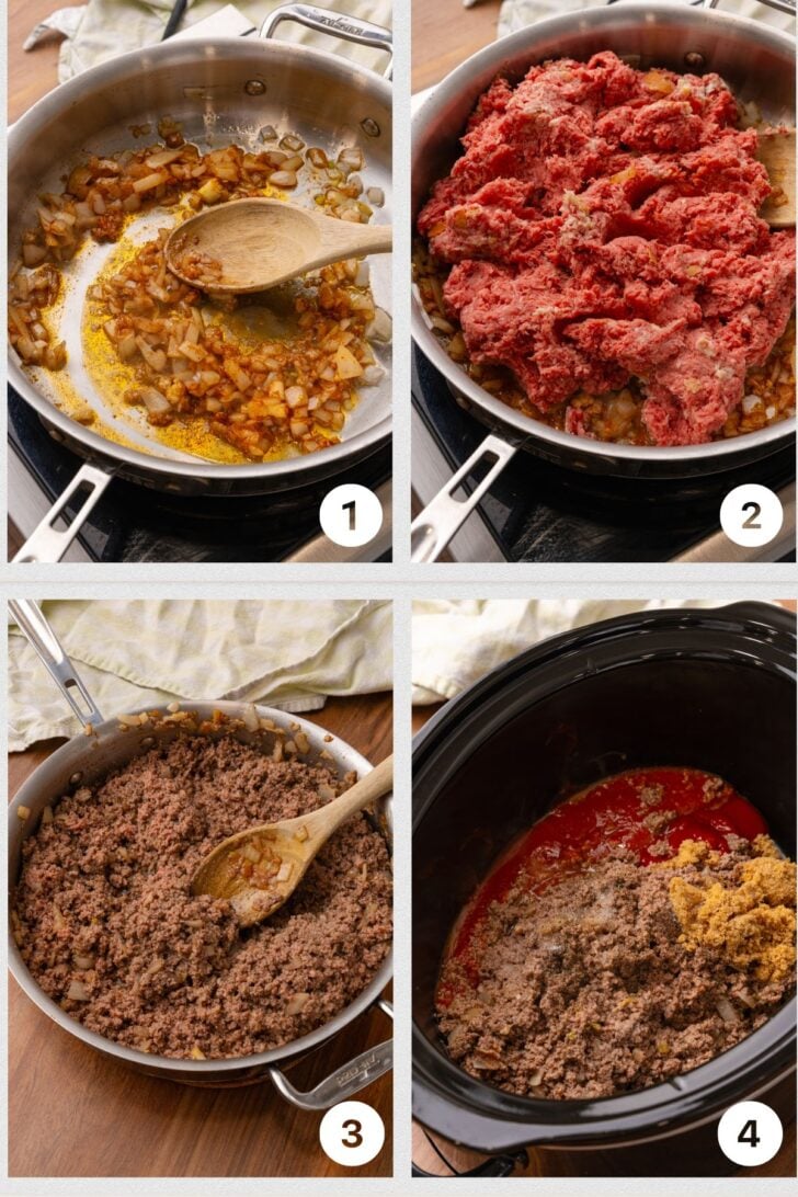 Process of sloppy joes being made. Grilling the onions then putting the ground beef mixture in browning it then putting it all in a crock pot.