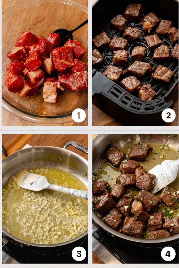 Photo 1 uncooked steak in bowl, photo 2 cooked steak in air fryer basket, photo 3 melted butter with garlic, photo 4 steak bites in pan with butter and garlic.