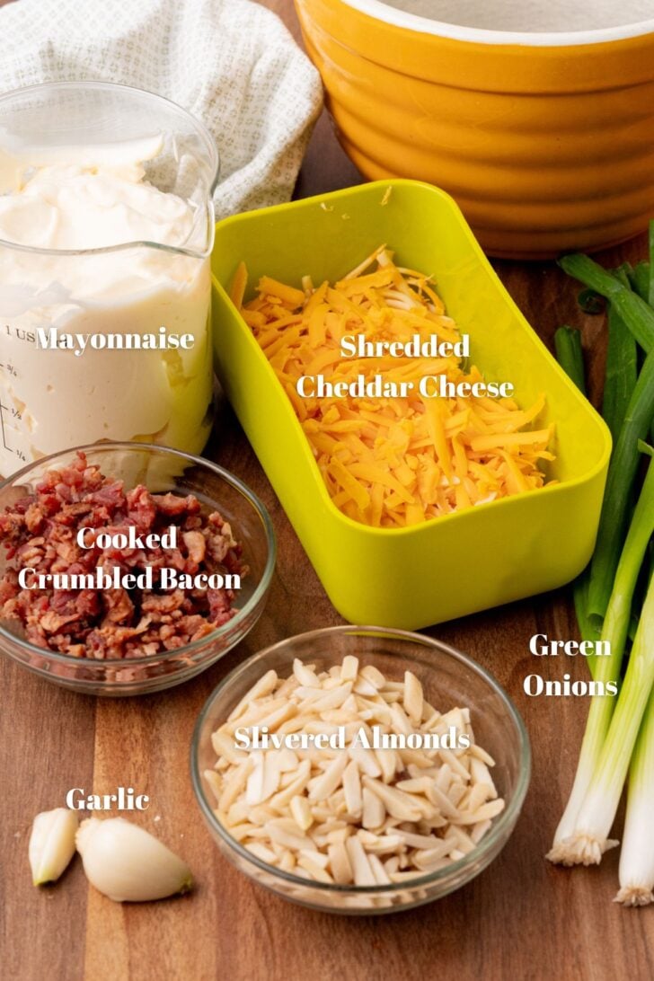 Mayonnaise, shredded cheddar cheese, cooked bacon, green onion, slivered almonds and garlic for million dollar dip recipe.