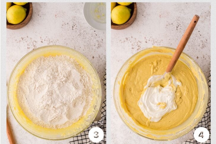 Photo 3 of batter with dry ingredients added and photo 4 with batter and sour cream added and being mixed with wooden spoon.