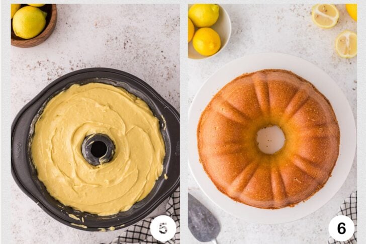 Photo 5 of dark metal bundt pan with lemon pound cake batter and photo 6 of baked cake.