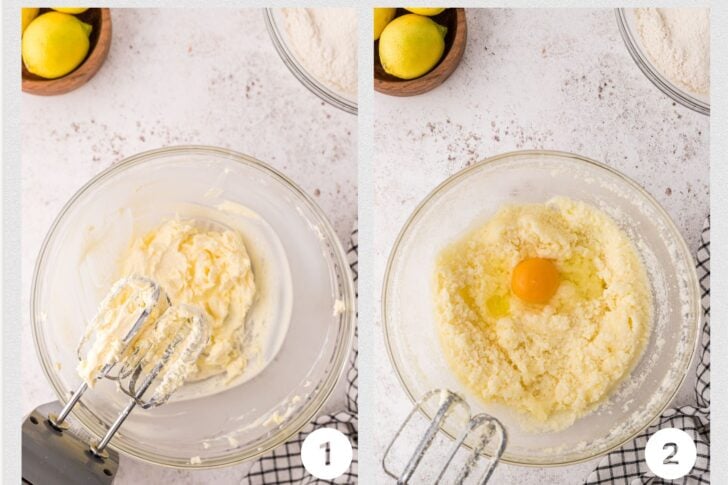 Photo 1 of glas bowl with creamed sugar and butter, photo 2 with mixed ingredients and egg add.