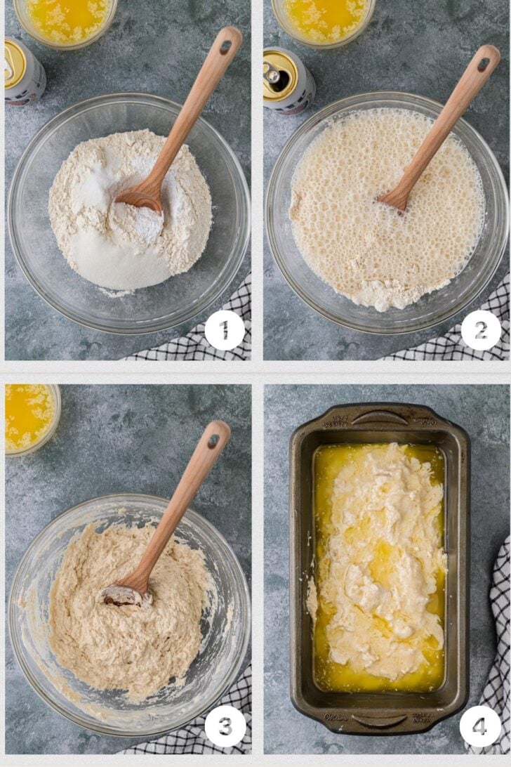 Process of making beer bread. Making the flour mixture adding the wet ingredients and stirring together then finally adding it into a baking dish.